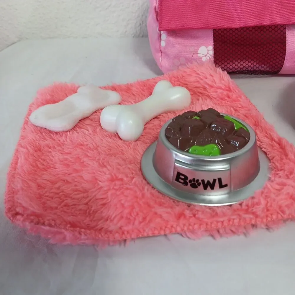 Battat Sofia's Pet Kitty Cat Dog Carrier Bed Bowl Blanket Bones Lot Pink For 18